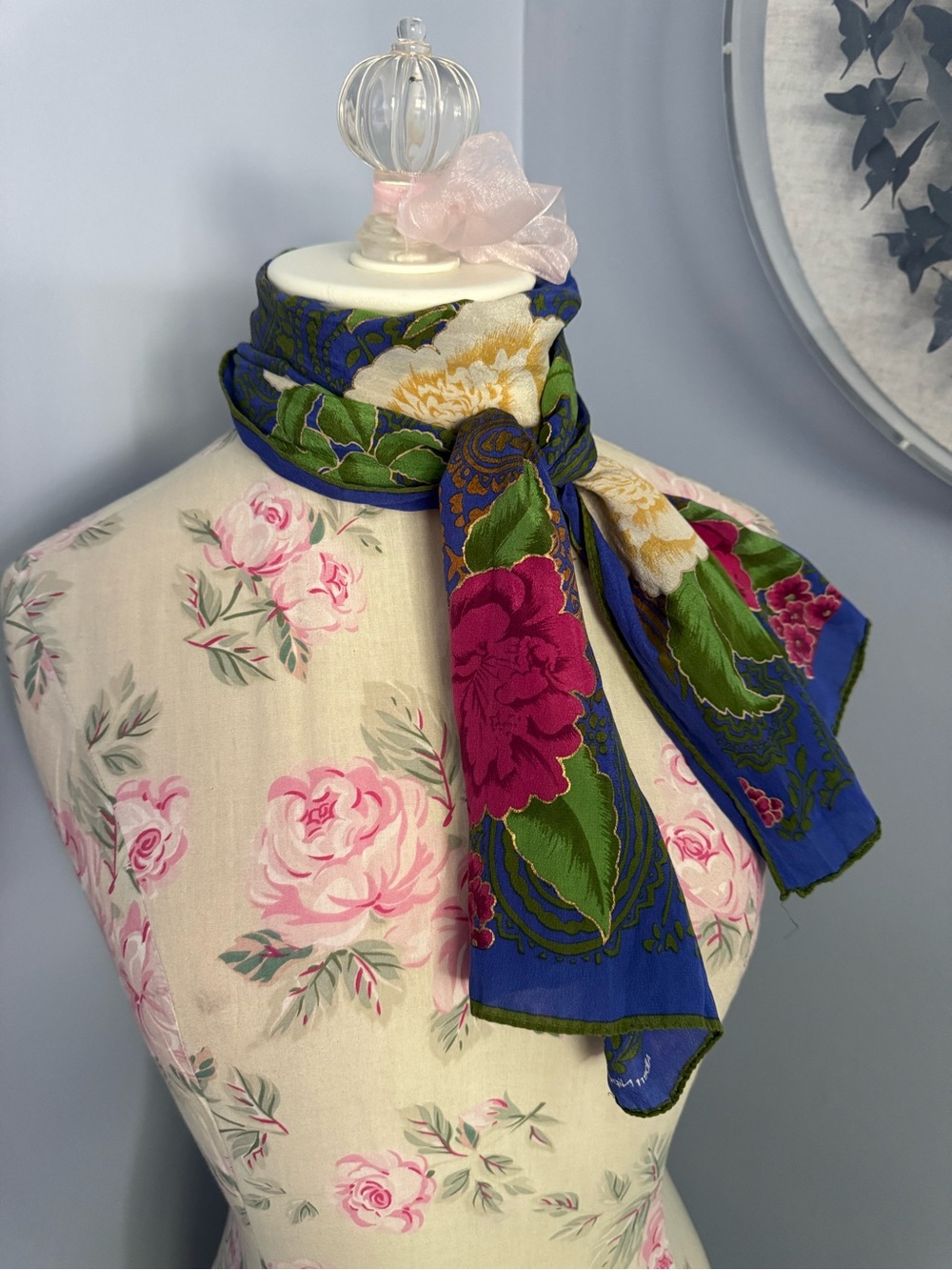Vintage Albert Nipon Blue Floral Silk Scarf with Pink and Green Accents